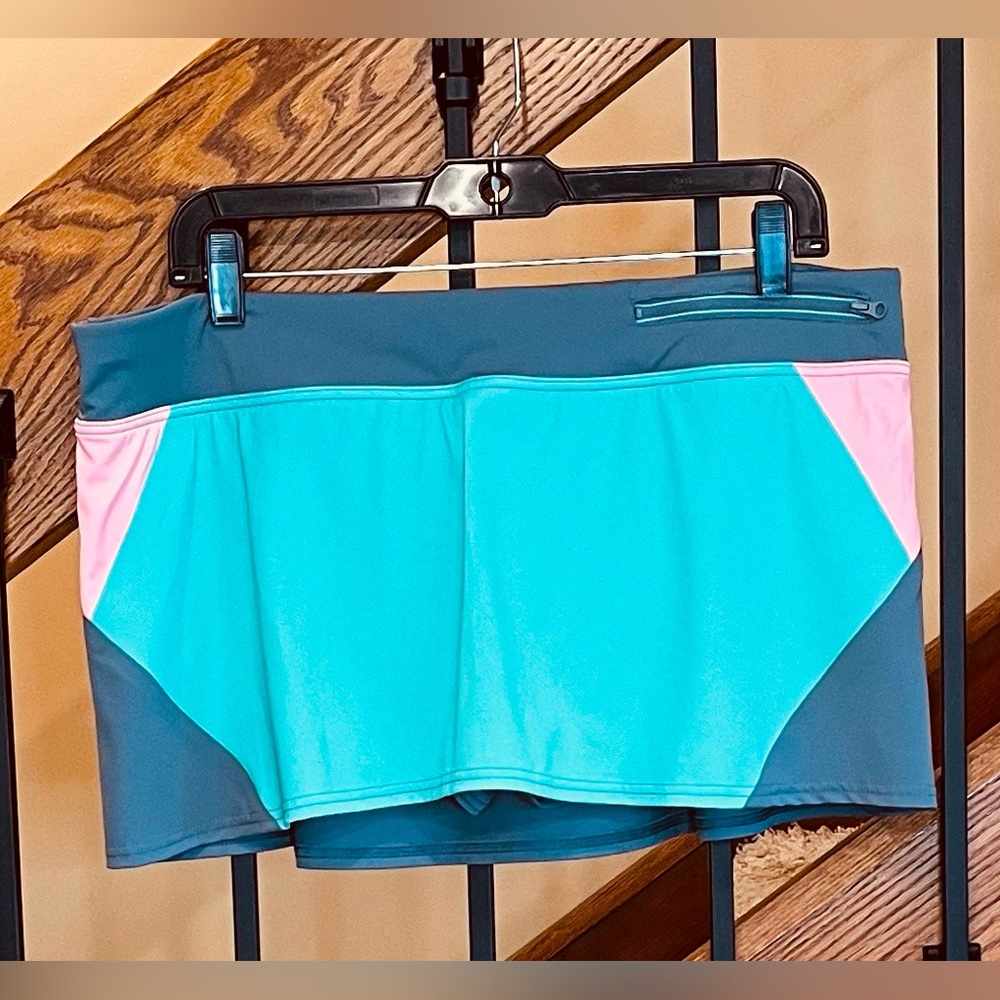 Lands End Swim Skort zip Pocket Gray Teal Pink Colorblock SZ.14 Women’s